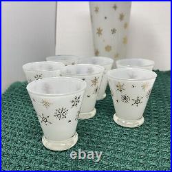 VTG MCM Frosted White Gold Snowflake Atomic Decanter And Shot Glass Set Of 7