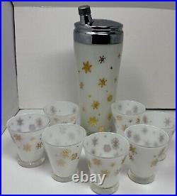 VTG MCM Frosted White Gold Snowflake Atomic Decanter And Shot Glass Set Of 7