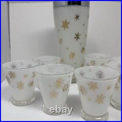 VTG MCM Frosted White Gold Snowflake Atomic Decanter And Shot Glass Set Of 7