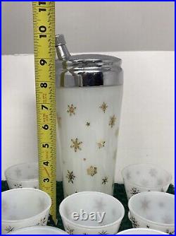 VTG MCM Frosted White Gold Snowflake Atomic Decanter And Shot Glass Set Of 7