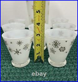 VTG MCM Frosted White Gold Snowflake Atomic Decanter And Shot Glass Set Of 7