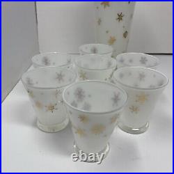 VTG MCM Frosted White Gold Snowflake Atomic Decanter And Shot Glass Set Of 7