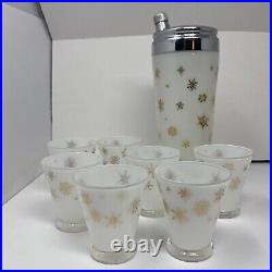 VTG MCM Frosted White Gold Snowflake Atomic Decanter And Shot Glass Set Of 7