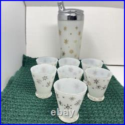 VTG MCM Frosted White Gold Snowflake Atomic Decanter And Shot Glass Set Of 7