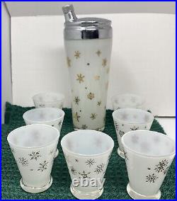 VTG MCM Frosted White Gold Snowflake Atomic Decanter And Shot Glass Set Of 7