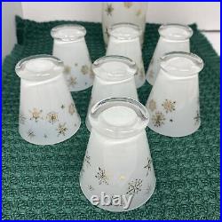 VTG MCM Frosted White Gold Snowflake Atomic Decanter And Shot Glass Set Of 7