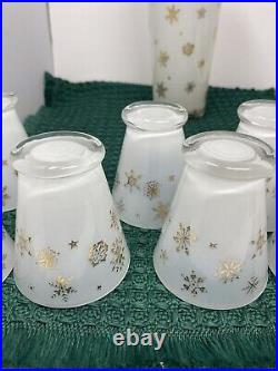 VTG MCM Frosted White Gold Snowflake Atomic Decanter And Shot Glass Set Of 7