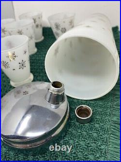 VTG MCM Frosted White Gold Snowflake Atomic Decanter And Shot Glass Set Of 7