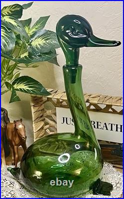 VTG MCM Italian Art Green Glass Empoli Verde 14 Tall Hand Blown Duck Decanter