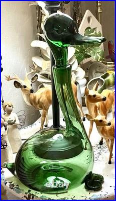 VTG MCM Italian Art Green Glass Empoli Verde 14 Tall Hand Blown Duck Decanter