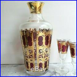 VTG Mid Century CULVER Red Cranberry Gold Decanter Cordial Glasses Barware Set