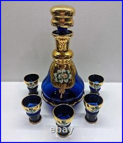 VTG Murano Italy Cobalt Blue Gold Trim Decanter Set Hand-painted Enamel Flora