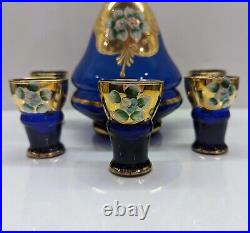 VTG Murano Italy Cobalt Blue Gold Trim Decanter Set Hand-painted Enamel Flora