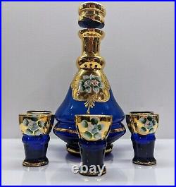 VTG Murano Italy Cobalt Blue Gold Trim Decanter Set Hand-painted Enamel Flora