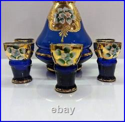 VTG Murano Italy Cobalt Blue Gold Trim Decanter Set Hand-painted Enamel Flora