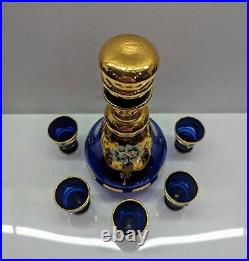 VTG Murano Italy Cobalt Blue Gold Trim Decanter Set Hand-painted Enamel Flora