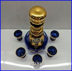 VTG Murano Italy Cobalt Blue Gold Trim Decanter Set Hand-painted Enamel Flora