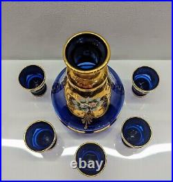 VTG Murano Italy Cobalt Blue Gold Trim Decanter Set Hand-painted Enamel Flora