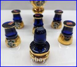 VTG Murano Italy Cobalt Blue Gold Trim Decanter Set Hand-painted Enamel Flora