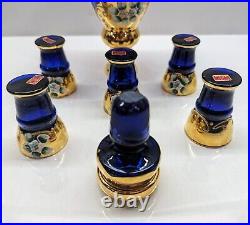 VTG Murano Italy Cobalt Blue Gold Trim Decanter Set Hand-painted Enamel Flora