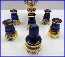 VTG Murano Italy Cobalt Blue Gold Trim Decanter Set Hand-painted Enamel Flora