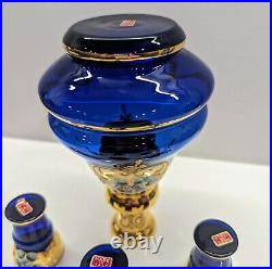 VTG Murano Italy Cobalt Blue Gold Trim Decanter Set Hand-painted Enamel Flora