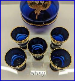 VTG Murano Italy Cobalt Blue Gold Trim Decanter Set Hand-painted Enamel Flora