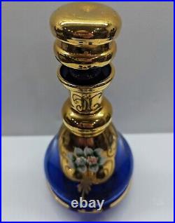 VTG Murano Italy Cobalt Blue Gold Trim Decanter Set Hand-painted Enamel Flora