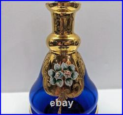 VTG Murano Italy Cobalt Blue Gold Trim Decanter Set Hand-painted Enamel Flora