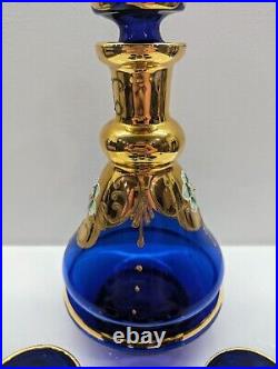 VTG Murano Italy Cobalt Blue Gold Trim Decanter Set Hand-painted Enamel Flora