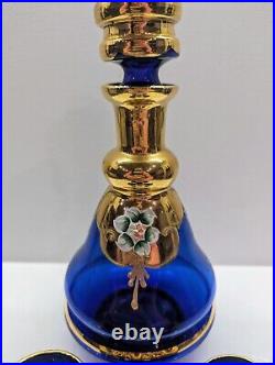 VTG Murano Italy Cobalt Blue Gold Trim Decanter Set Hand-painted Enamel Flora