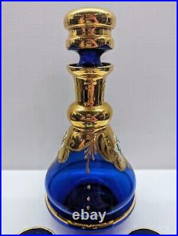 VTG Murano Italy Cobalt Blue Gold Trim Decanter Set Hand-painted Enamel Flora