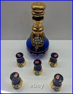 VTG Murano Italy Cobalt Blue Gold Trim Decanter Set Hand-painted Enamel Flora