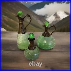 VTG Set Of 3 Wine/ Liquor Green Glass Decanters Each Unique Made In India