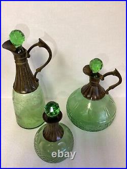 VTG Set Of 3 Wine/ Liquor Green Glass Decanters Each Unique Made In India