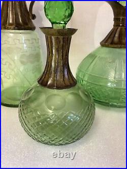 VTG Set Of 3 Wine/ Liquor Green Glass Decanters Each Unique Made In India