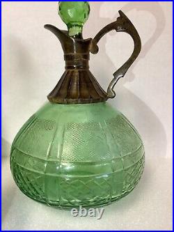 VTG Set Of 3 Wine/ Liquor Green Glass Decanters Each Unique Made In India