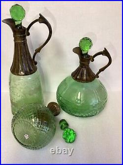 VTG Set Of 3 Wine/ Liquor Green Glass Decanters Each Unique Made In India