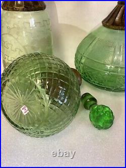 VTG Set Of 3 Wine/ Liquor Green Glass Decanters Each Unique Made In India