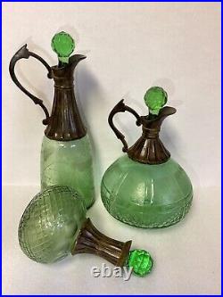 VTG Set Of 3 Wine/ Liquor Green Glass Decanters Each Unique Made In India