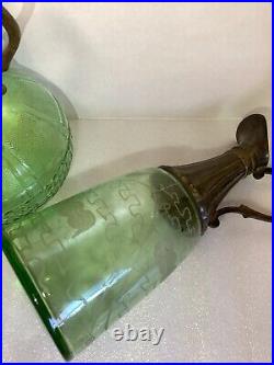 VTG Set Of 3 Wine/ Liquor Green Glass Decanters Each Unique Made In India