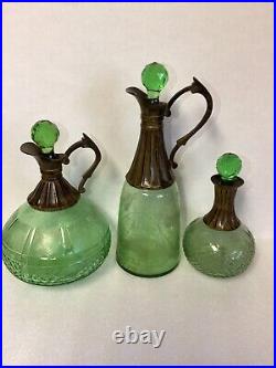 VTG Set Of 3 Wine/ Liquor Green Glass Decanters Each Unique Made In India