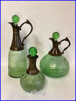 VTG Set Of 3 Wine/ Liquor Green Glass Decanters Each Unique Made In India