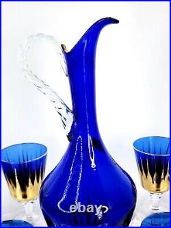 VTG Venetian Glass Murano Italy Wine Water Decanter 7 pc Set Cobalt 24K Gold