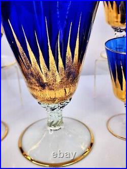 VTG Venetian Glass Murano Italy Wine Water Decanter 7 pc Set Cobalt 24K Gold