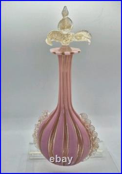 VTG Venetian Murano Glass Pink Copper Stripped Decanter Flower Stopper 9.5 Tall
