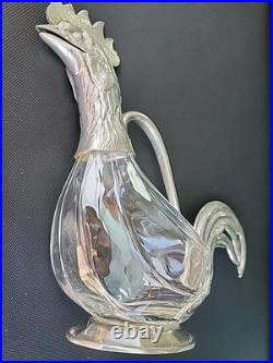 ValPeltro Pewter Rooster Decanter Blown Glass Pitcher Vintage Arte Italia Italy