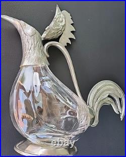 ValPeltro Pewter Rooster Decanter Blown Glass Pitcher Vintage Arte Italia Italy