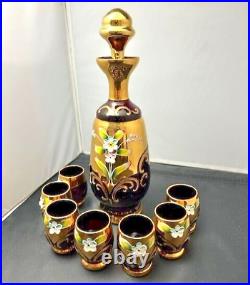 Venetian Glass Decanter, 7 Glasses, Red/Gold, Vintage, Hand Painted in Italy