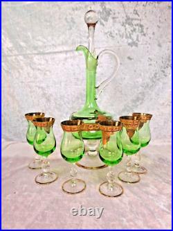 Venetian Green Glass Decanter Bottle With 6 Glasses 16.5 Gold Gilt Italy Vintage